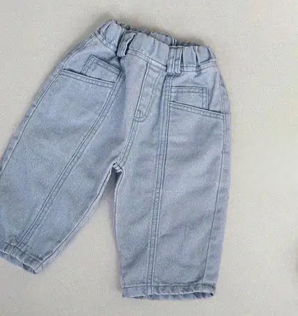 Girls jeans paper bag style denim for kids in blue and green, comfortable and stylish harem design