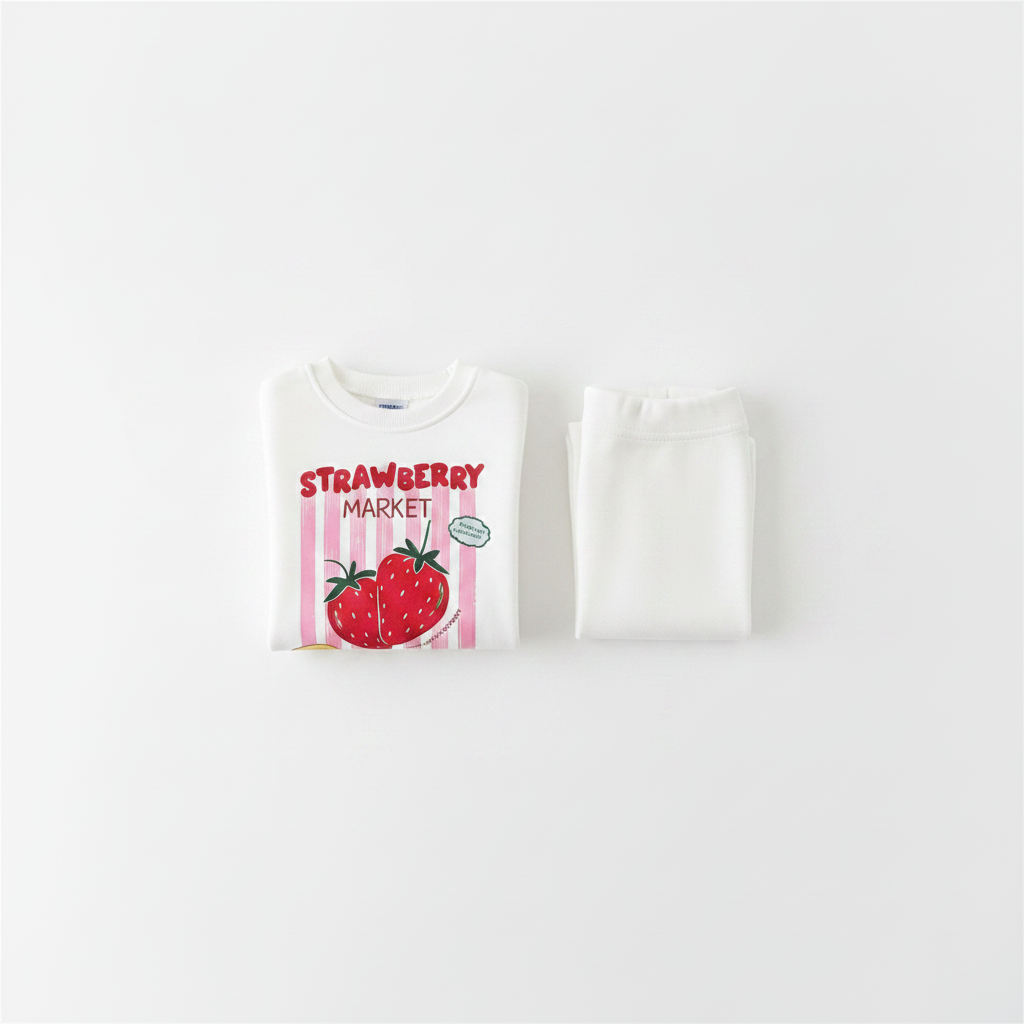 Child wearing strawberry market loungeset with playful strawberry print outdoors