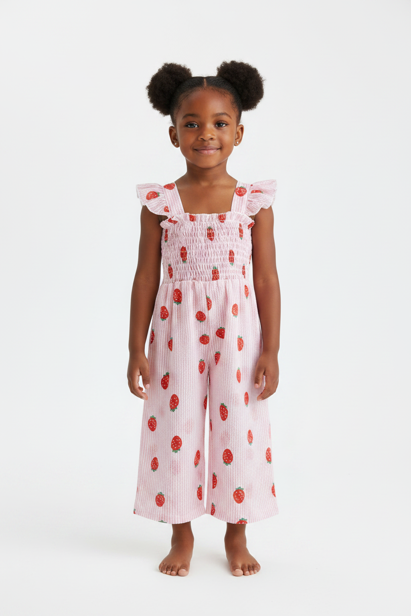 Girl wearing a lightweight strawberry onesie for summer comfort and breathability