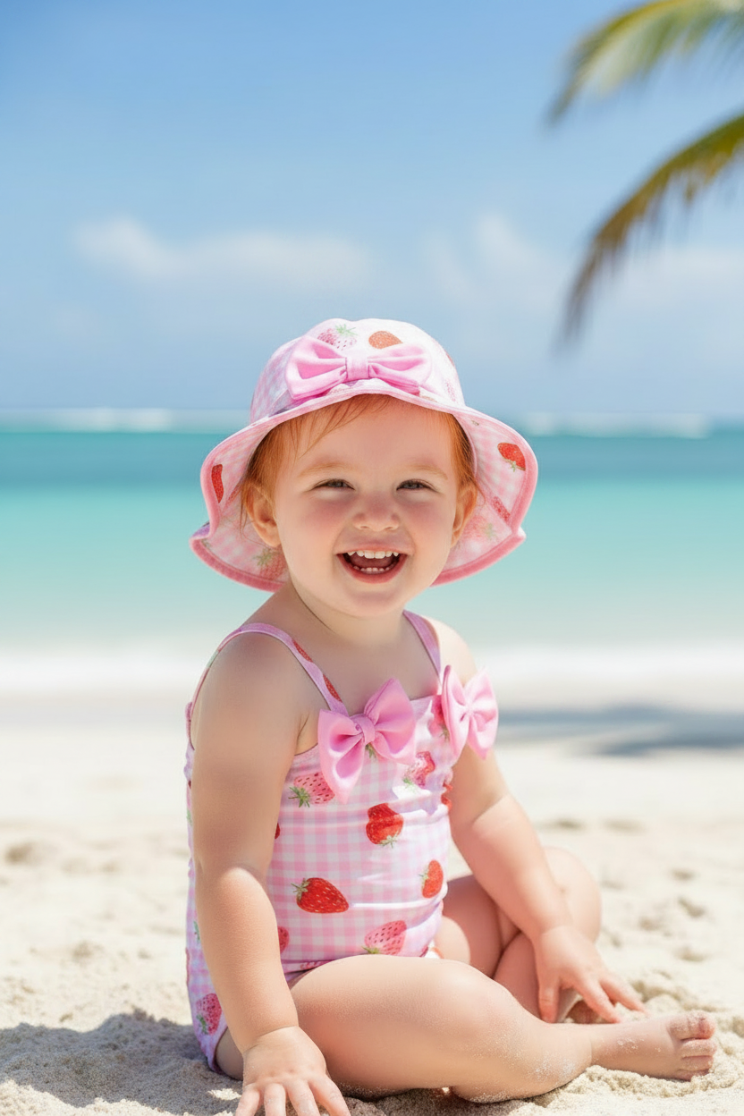 Little girl wearing strawberry swimsuit and bonnet set with coordinating bow for summer activities