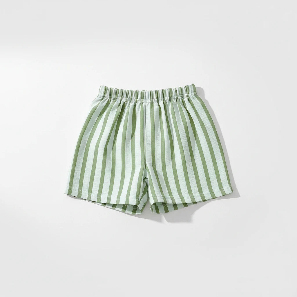 Kids wearing pinstripe casual shorts outdoors in summer setting