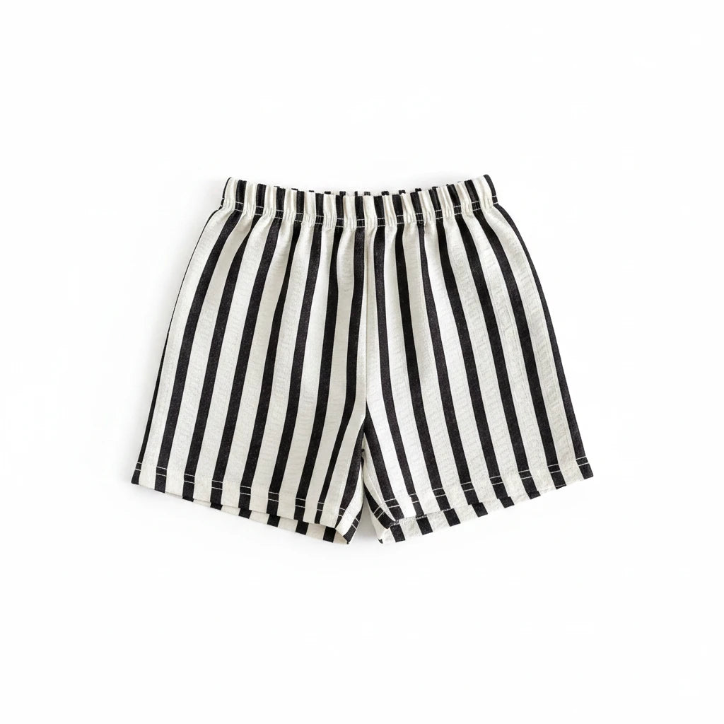 Kids wearing pinstripe casual shorts playing outdoors on summer day
