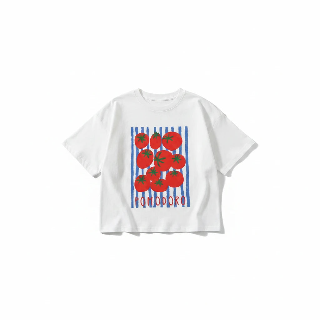 Child wearing tomato pinstripe tee with breathable cotton fabric outdoors