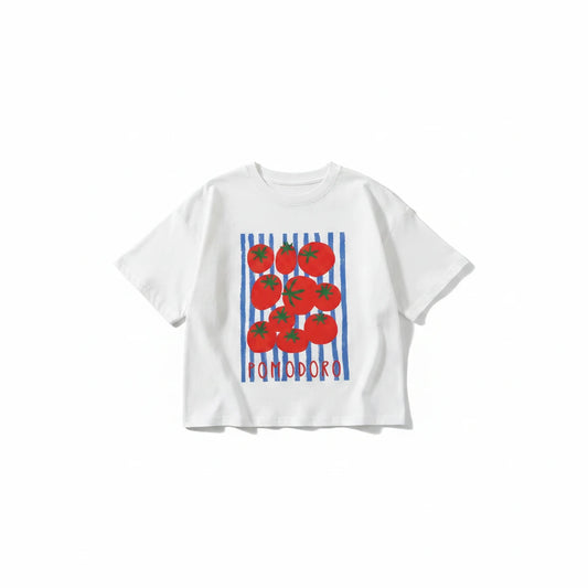 Child wearing tomato pinstripe tee with breathable cotton fabric outdoors