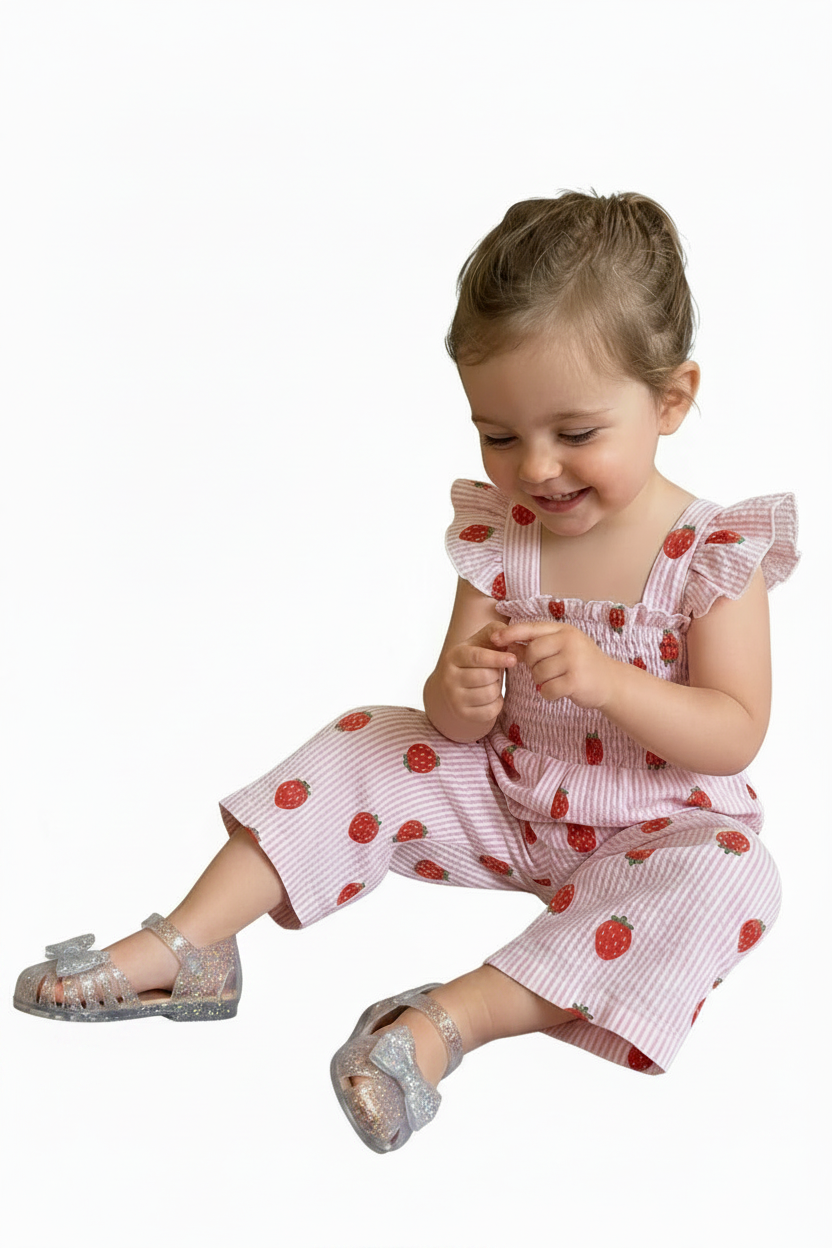 Girl wearing a lightweight strawberry onesie for summer with breathable stretch fabric