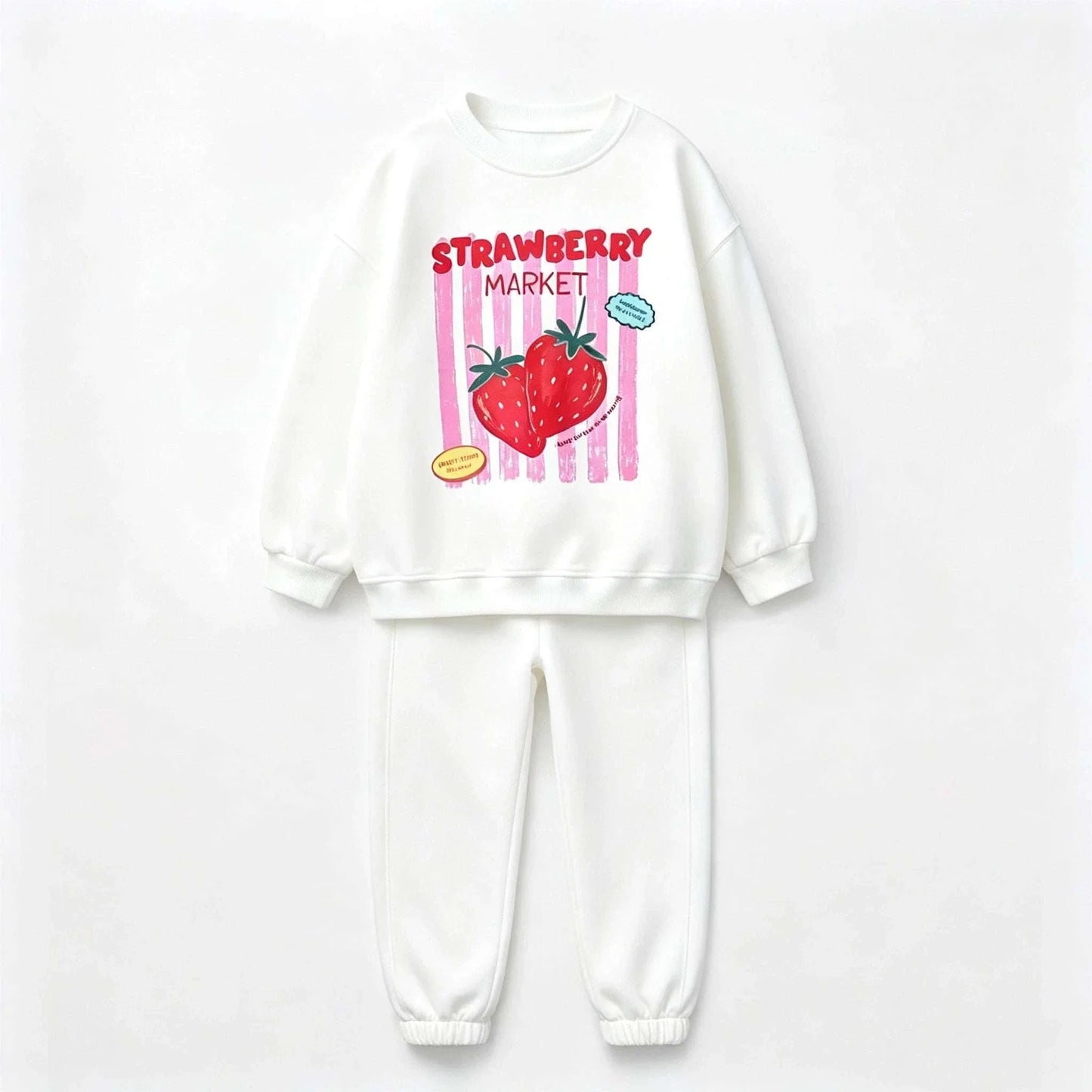 Child wearing strawberry print cotton loungeset outdoors, cozy and playful design