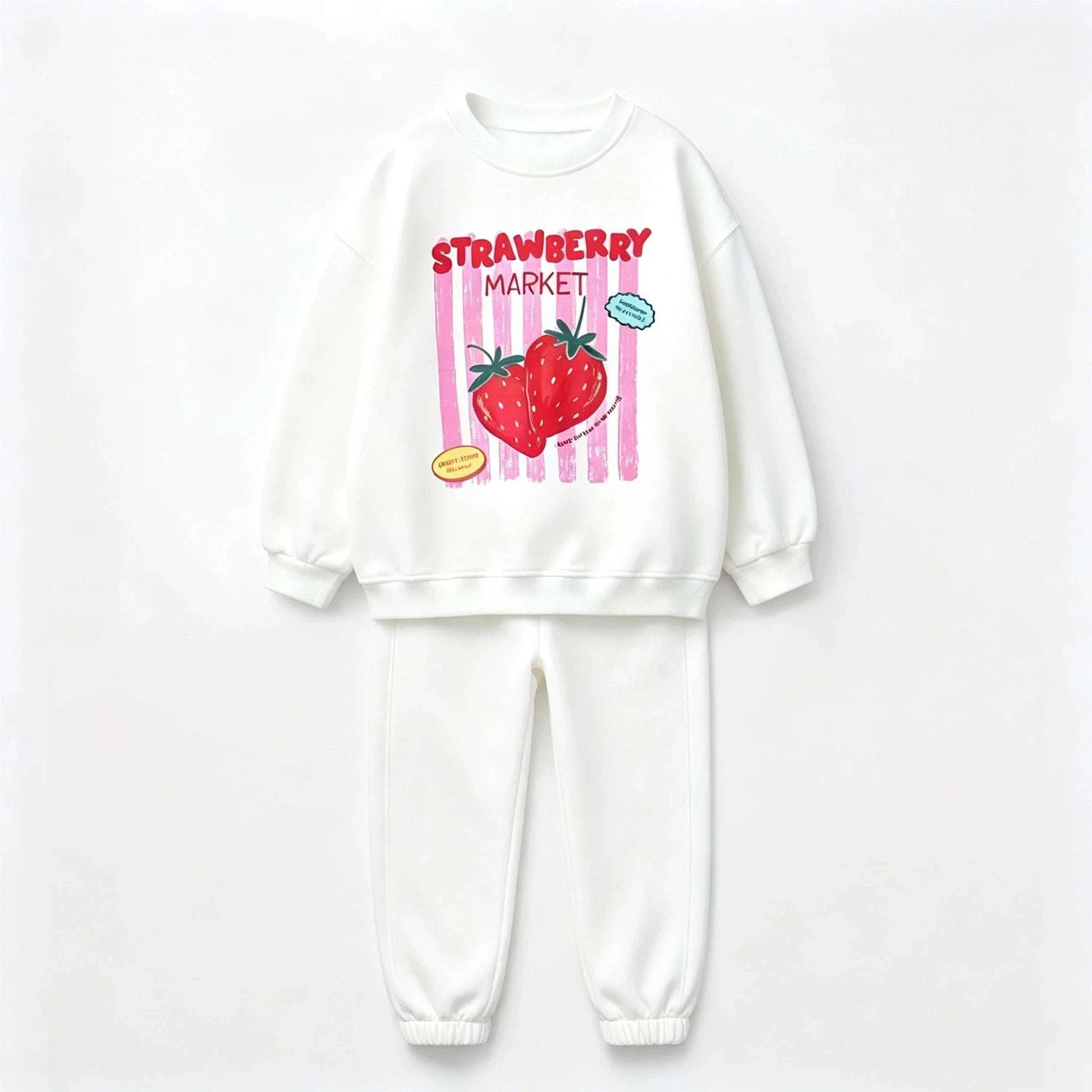 Child wearing strawberry print cotton loungeset outdoors, cozy and playful design