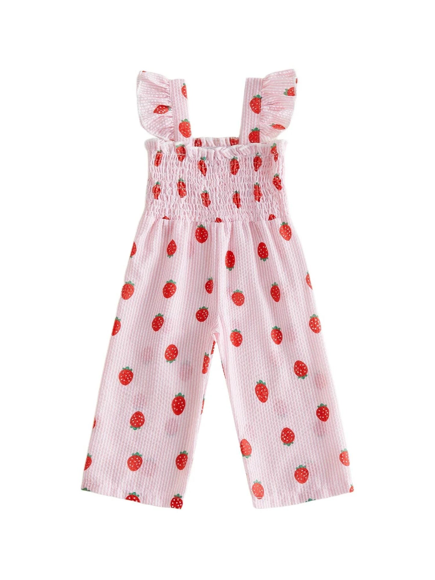 Little girl wearing a lightweight strawberry onesie perfect for summer weather