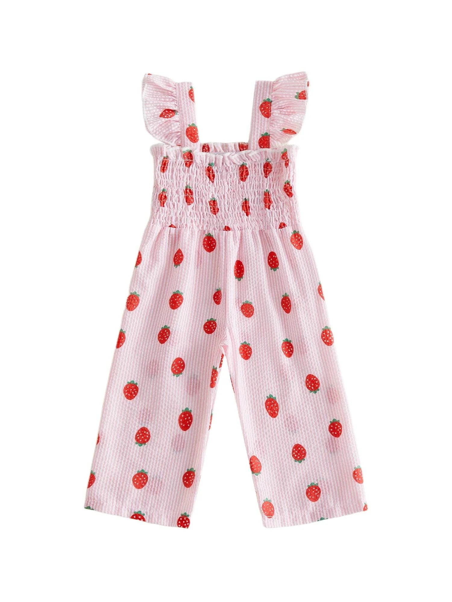 Little girl wearing a lightweight strawberry onesie perfect for summer weather