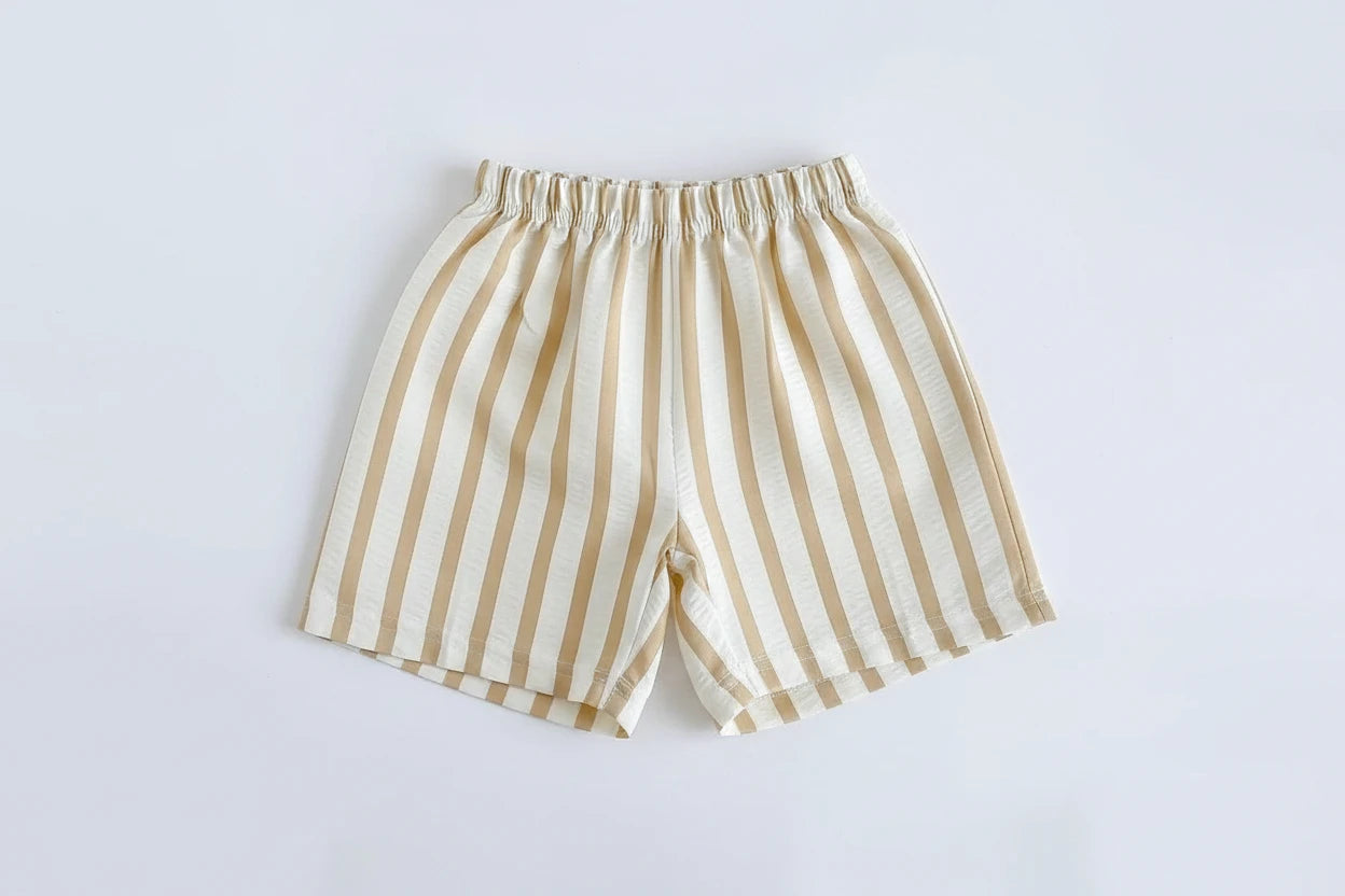 Kids wearing pinstripe casual shorts for summer adventures with a cool tee