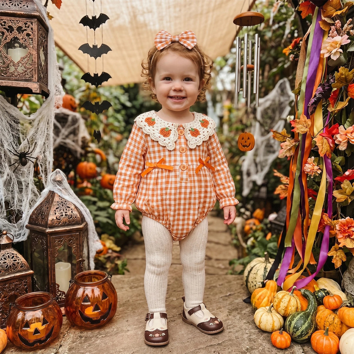 Crocheted Pumpkin Romper & Bow