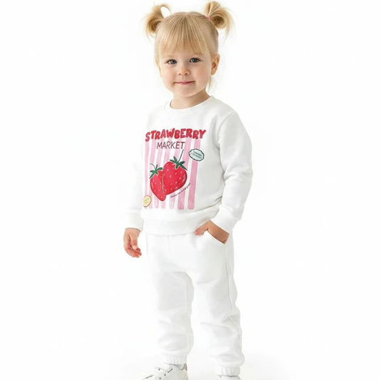Child wearing a soft cotton Strawberry Market Loungeset with playful strawberry print outdoors