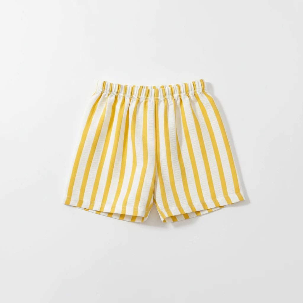 Kids wearing comfortable pinstripe casual shorts for summer activities