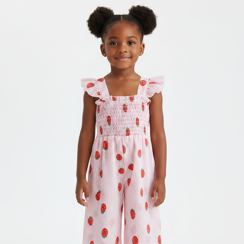 Girl wearing a lightweight strawberry onesie perfect for summer comfort