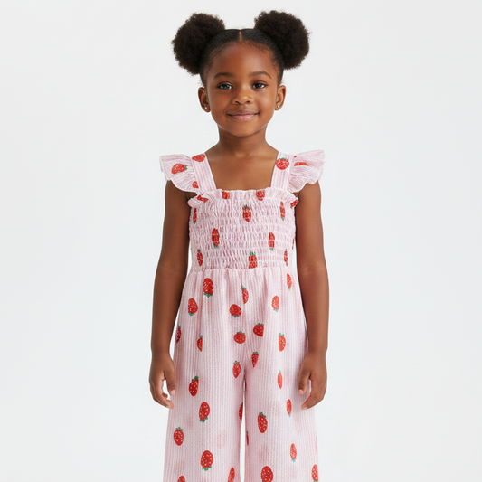 Girl wearing a lightweight strawberry onesie perfect for summer comfort