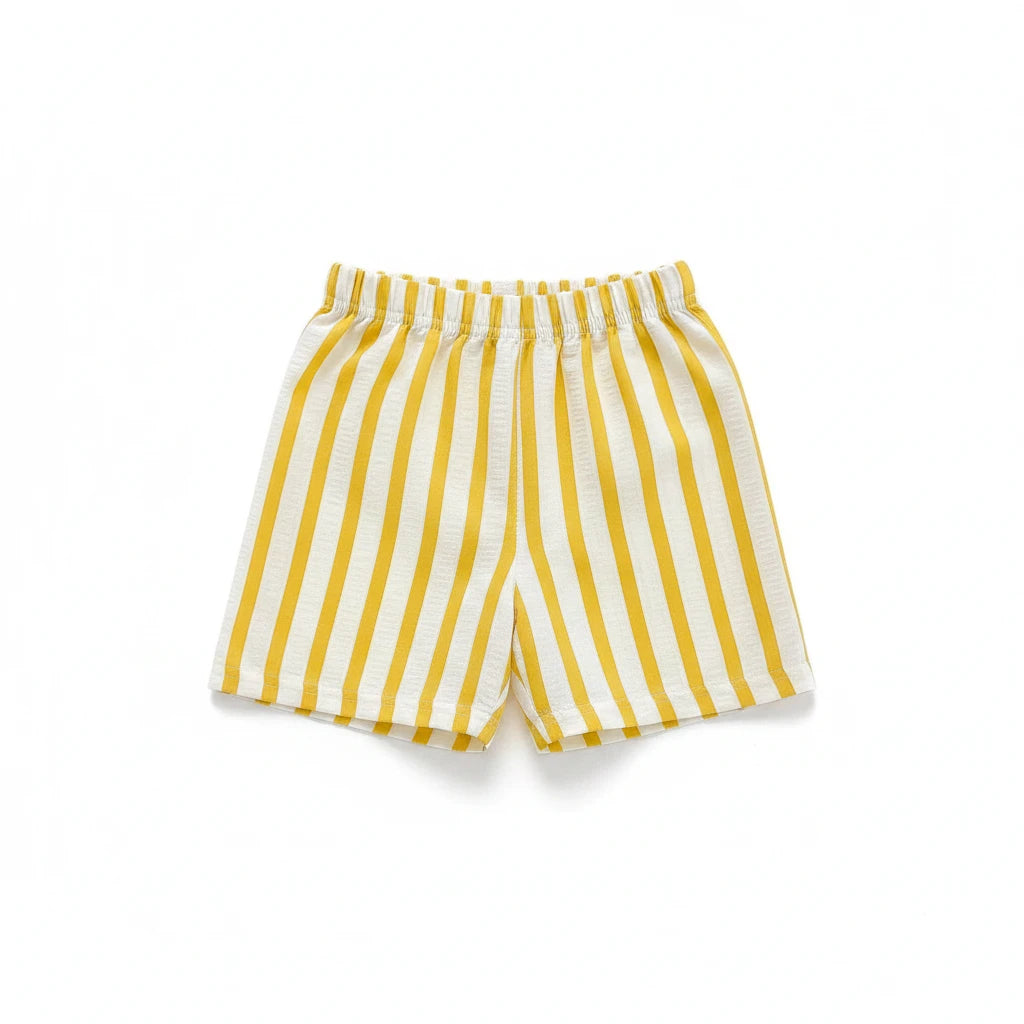Kids wearing pinstripe casual shorts playing outdoors on a sunny day