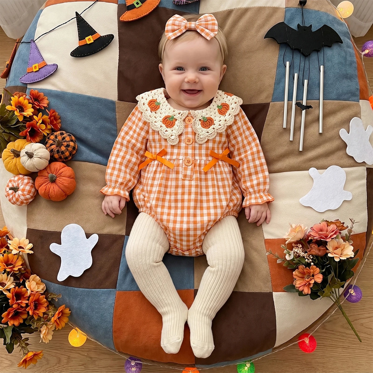 Crocheted Pumpkin Romper & Bow