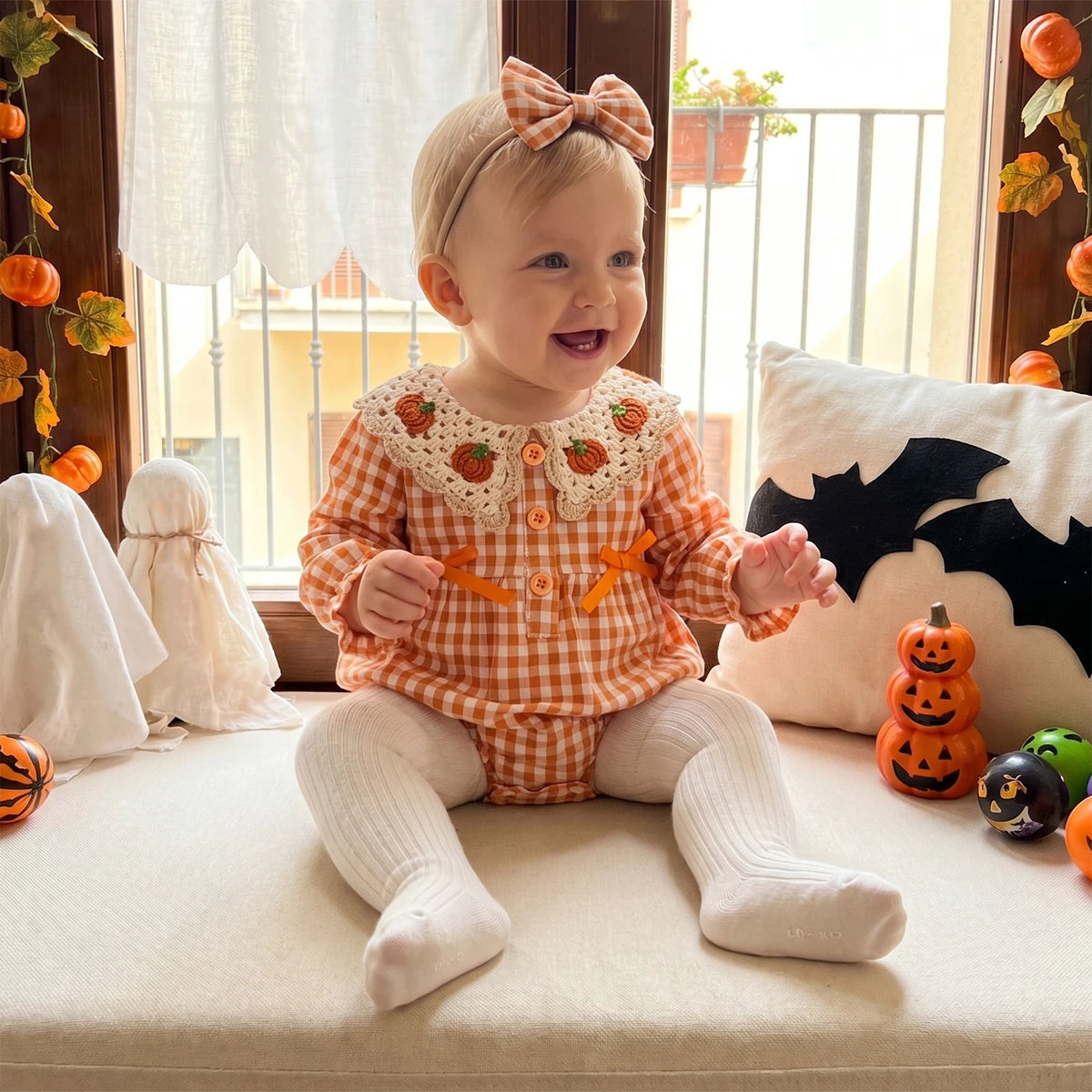 Crocheted Pumpkin Romper & Bow