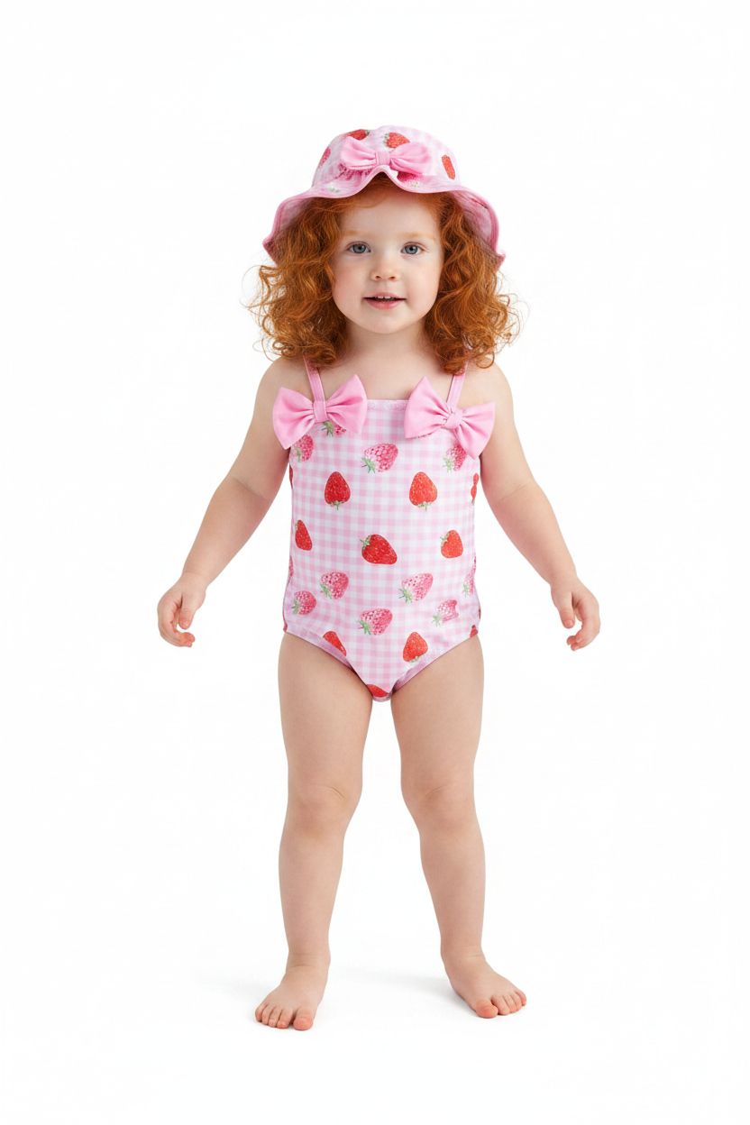 Little girl wearing strawberry swimsuit with matching bonnet and bow for summer fun
