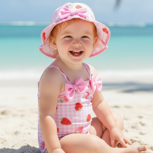 Little girl wearing strawberry swimsuit and bonnet set with coordinating bow for summer activities