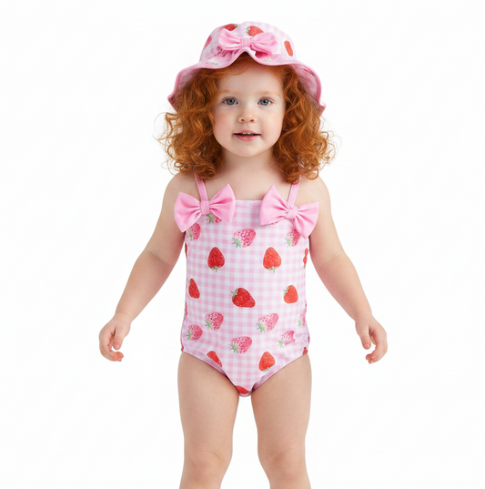 Toddler girl wearing strawberry swimsuit and bonnet set with coordinating bow outdoors