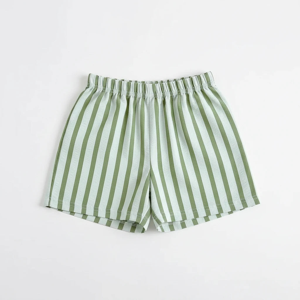 Kids wearing pinstripe casual shorts for summer play and outings
