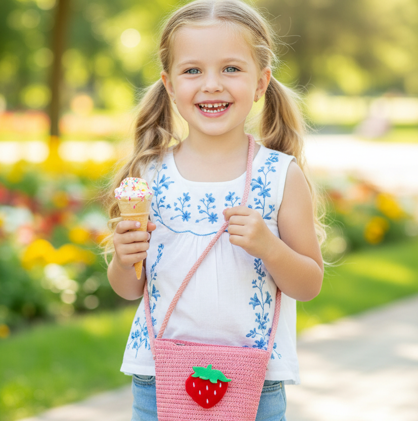 A young girl with blonde pigtails stands on a paved path in a sunny park, holding an ice cream cone and wearing a pink strawberry-themed crossbody bag over a white top with blue floral embroidery.